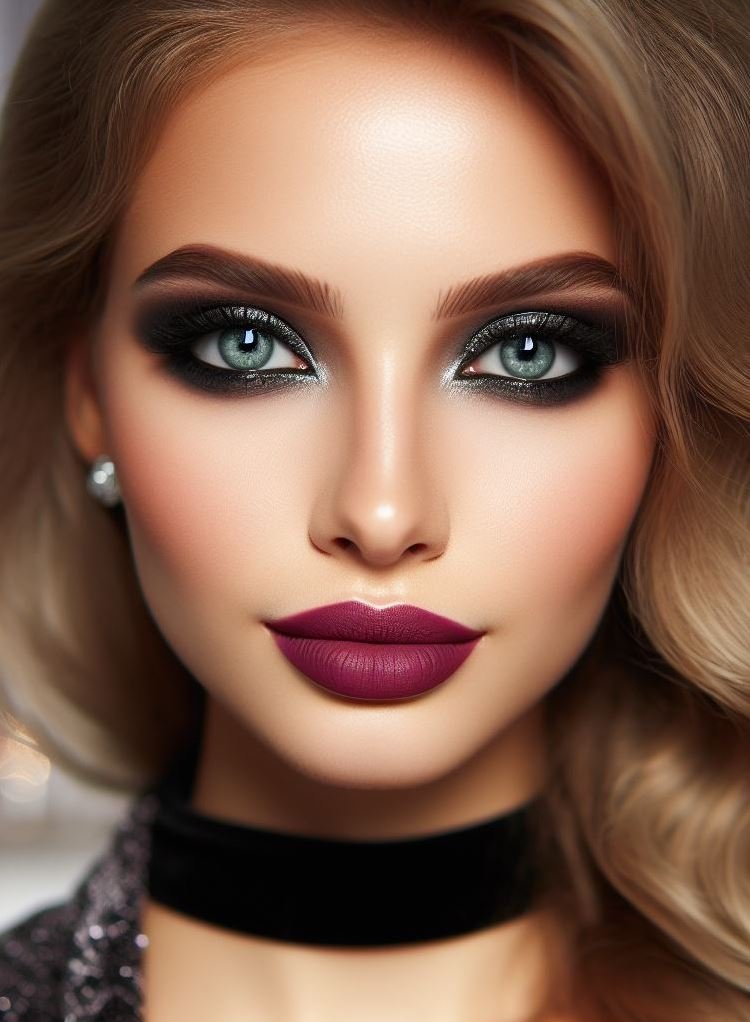 Beyond the basics! Elevate your smokey eye with a gunmetal grey shade. Plum lips add a touch of drama and sophistication to your makeup routine, perfect for a special occasion.