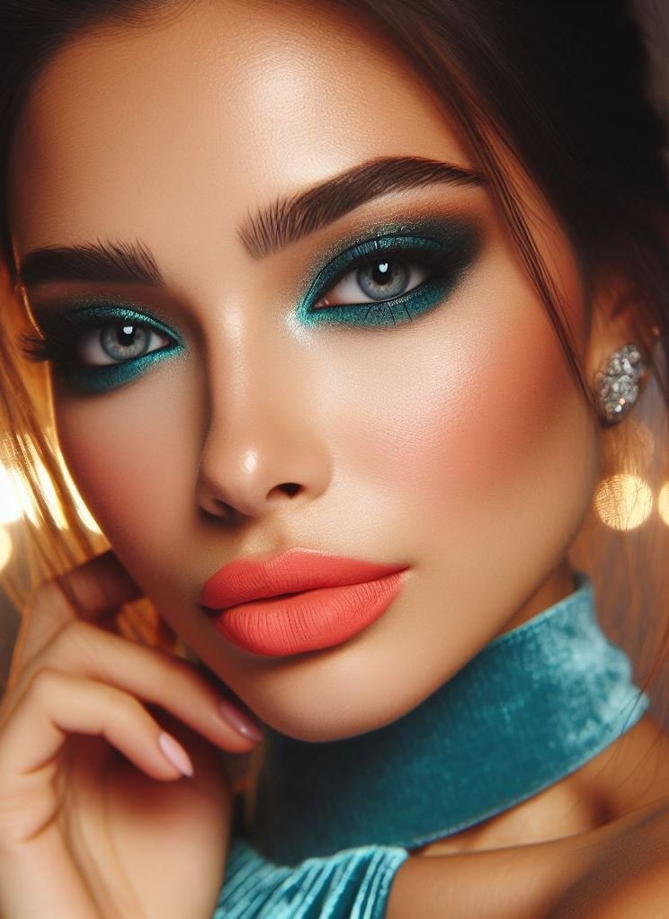 More than just blue! Teal offers a refreshing alternative to classic blue smokey eyes. Paired with coral lips, it creates a playful and unforgettable look.