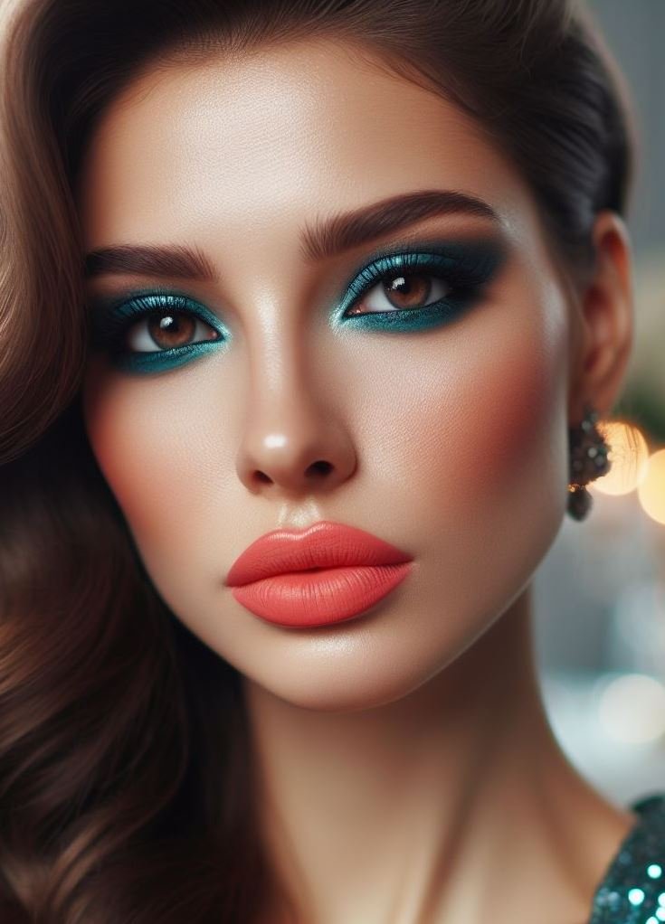 Makeup for the bold! Teal smokey eyes and coral lips are a daring and unexpected combination, perfect for those who aren't afraid to stand out from the crowd.