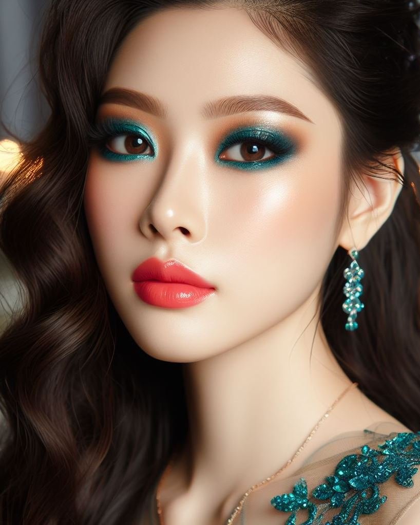 Festival ready, stand out from the crowd! Teal smokey eyes and coral lips create a unique and vibrant look that's perfect for making a statement at a festival.