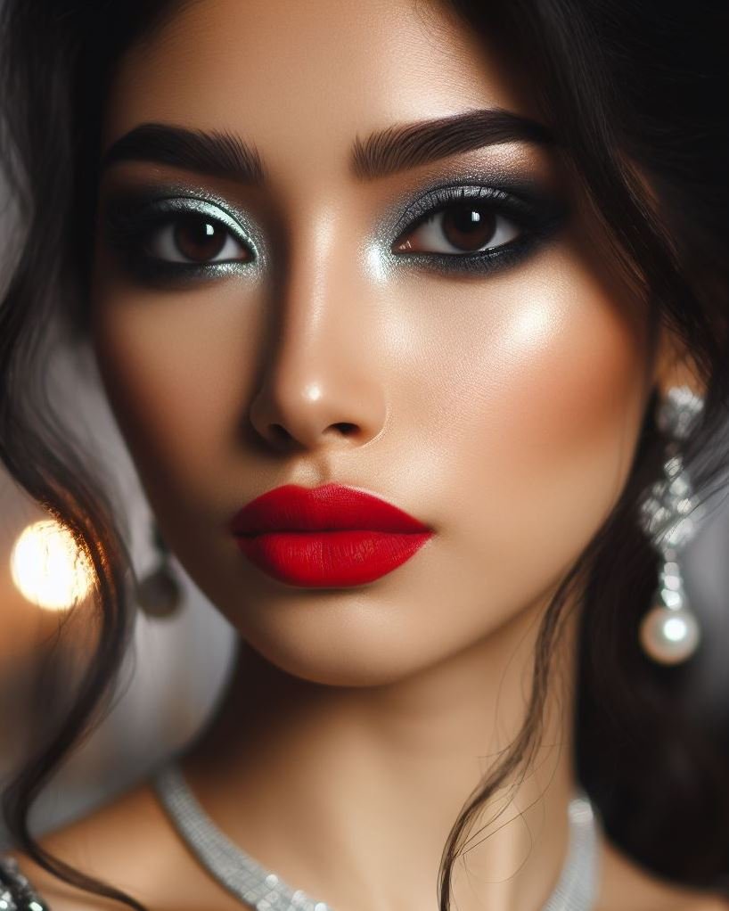 Modern glam with a rebellious twist! Ditch the traditional smokey eye and embrace a silver shade. Bold red lips add a touch of drama for a look that's both glamorous and rebellious.