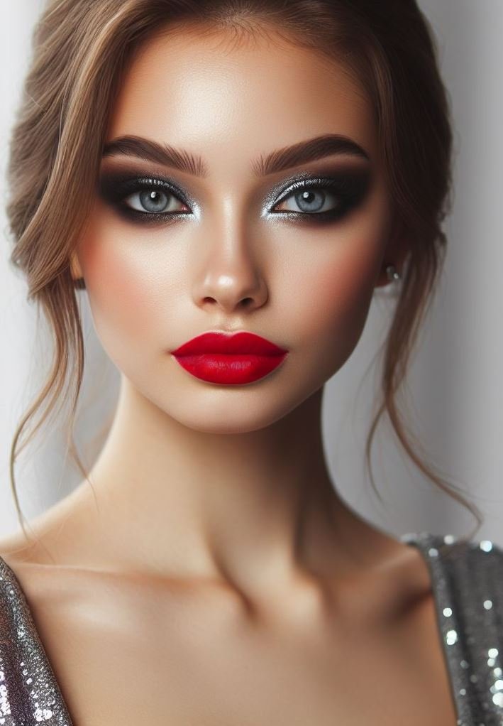 Date night with a statement! Elevate your date night look with a mesmerizing silver smokey eye and a bold red lip. This glamorous and edgy combination is guaranteed to turn heads.