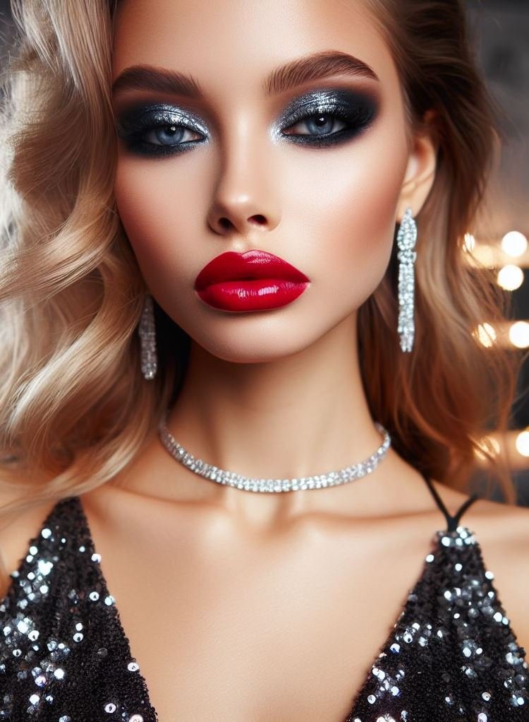 Beyond the basics! Take your smokey eye to the next level with a shimmering silver shade. Bold red lips add a touch of drama and sophistication to your makeup routine.