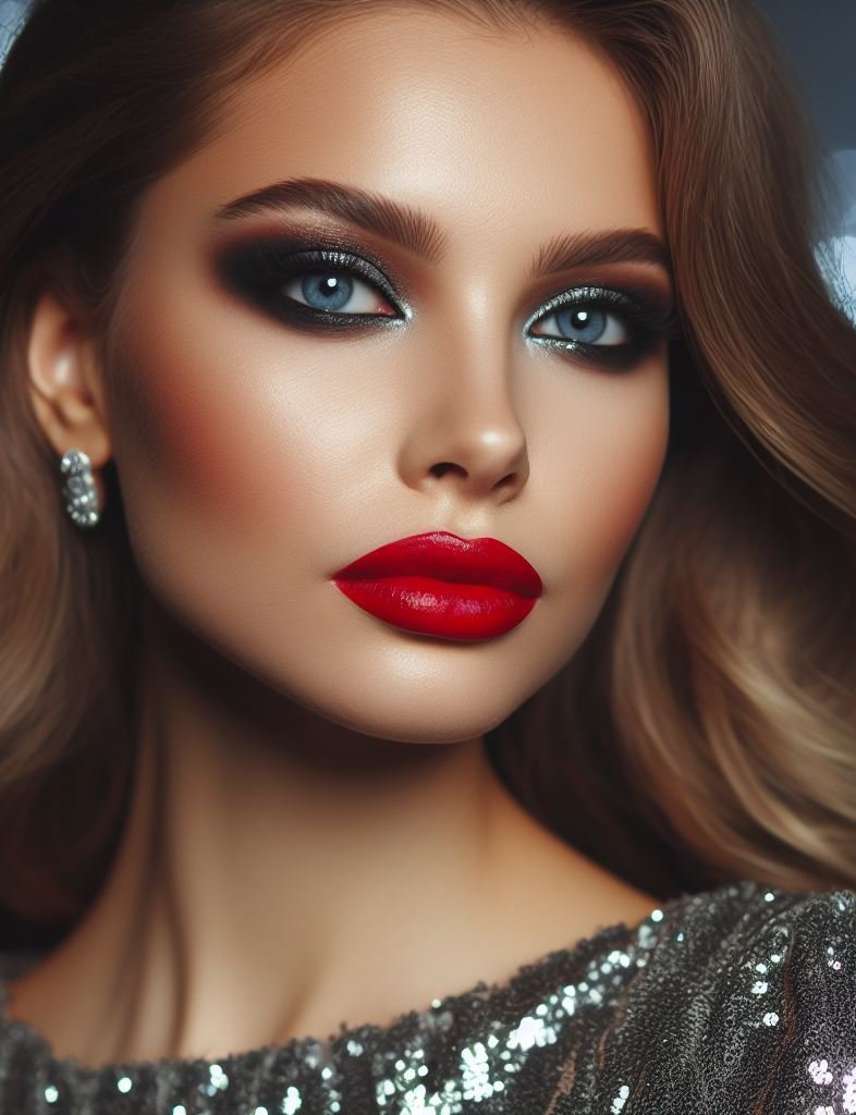 Galaxy glam with a fiery touch! Silver smokey eyes evoke a starry night sky, while a bold red lip adds a fiery touch. This unexpected pairing is perfect for a costume party or adding a touch of celestial flair to your everyday makeup.