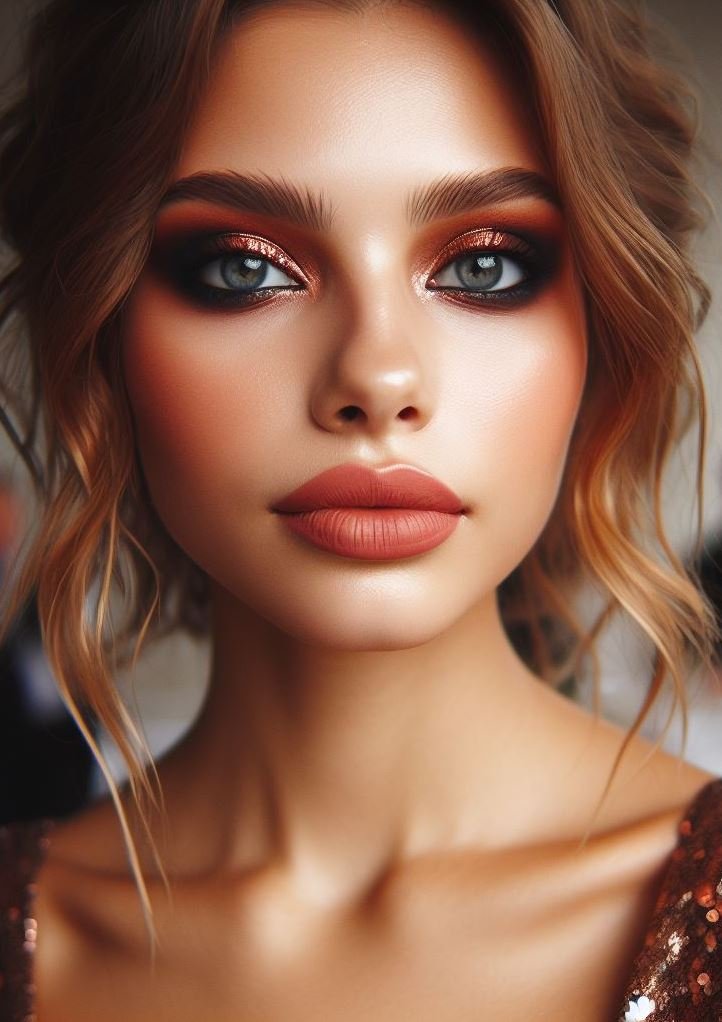 Embrace earthy elegance with a rustic terracotta smokey eye paired with warm brown lips. This look is perfect for those who love a natural yet striking vibe.