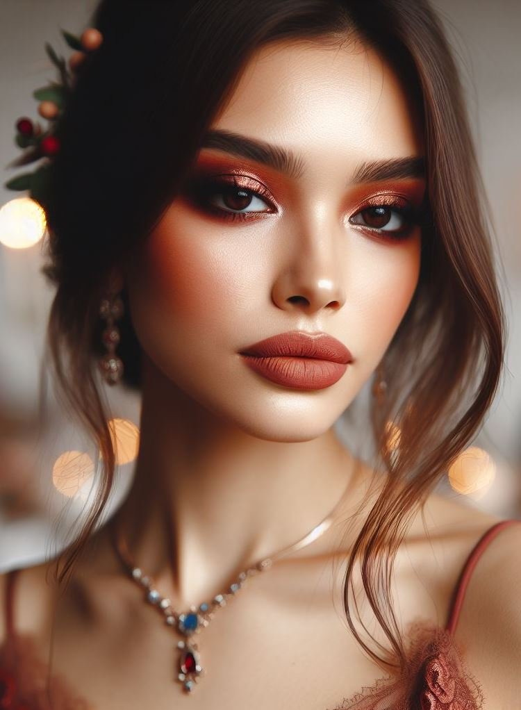 Get ready to glow with a rustic terracotta smokey eye and cozy brown lips. This look is ideal for autumn vibes and year-round warmth.