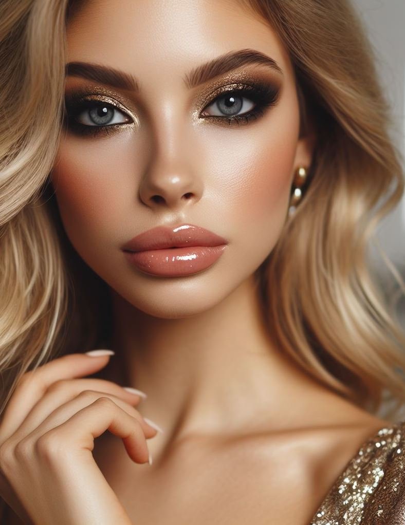 Shine bright like a diamond! Champagne gold smokey eyes with glossy nude lips offer a sophisticated and shimmering take on smokey eye makeup, perfect for a night out or a special occasion.