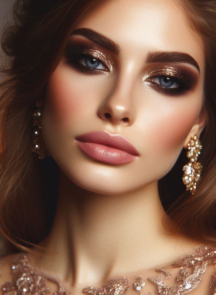 Brown smokey eyes with a touch of gold shimmer create a warm and inviting look. Perfect for day or night, this universally flattering combination enhances your natural beauty.
