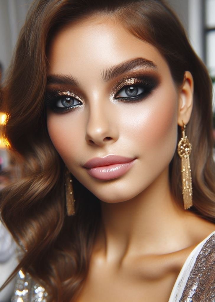 Work appropriate glam! Brown smokey eyes with gold shimmer offer a touch of drama without being overpowering, making it a great choice for the office.