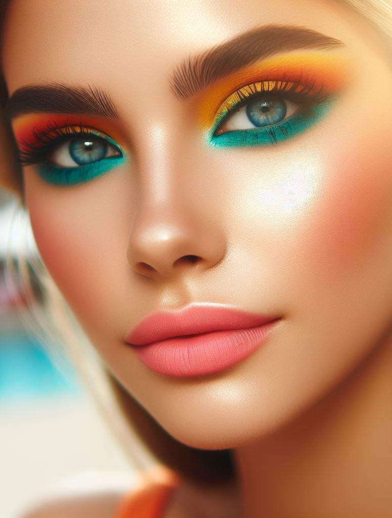 Dive into summer with turquoise and coral eyeshadow that screams tropical vibes. Your eyes will be the star of every beach day!