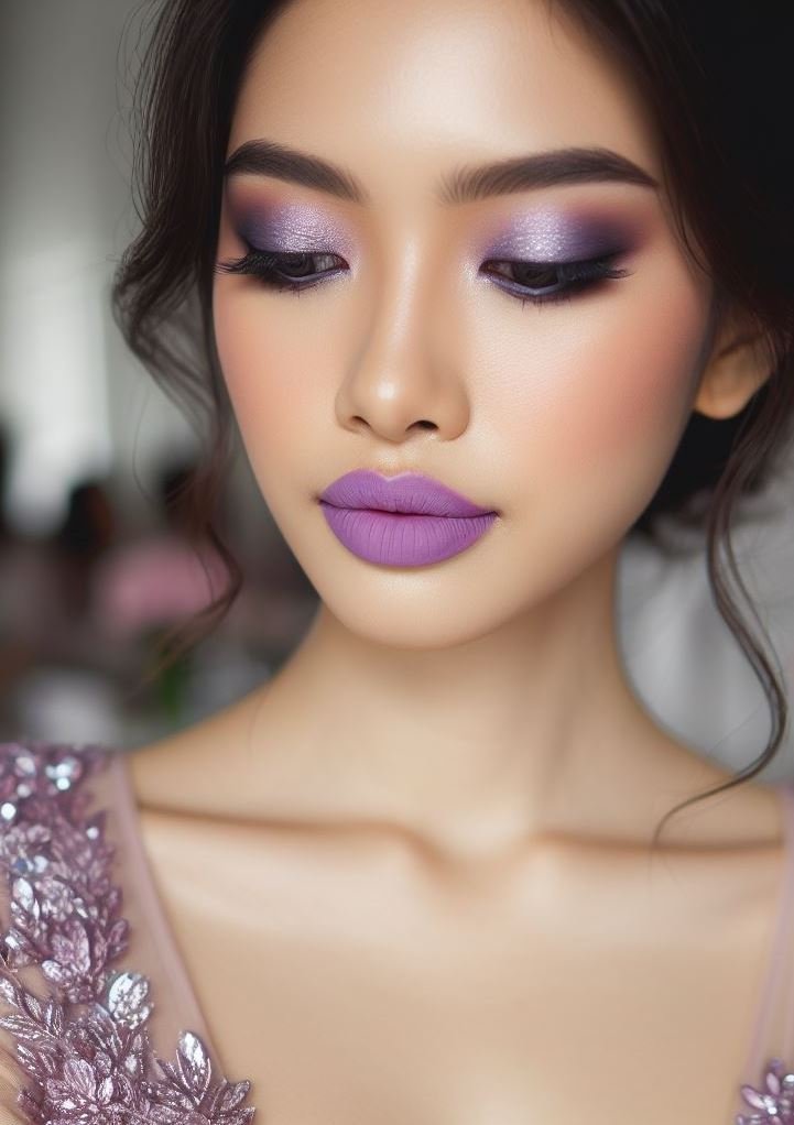 Beyond the basics! Elevate your makeup routine with a mesmerizing smokey lavender eye and a touch of lilac on your lips. This dreamy combination is perfect for a special occasion.
