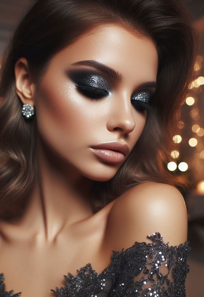 Unleash your inner rockstar with a charcoal grey smokey eye and silver glitter! This edgy and glamorous combination adds instant drama and sparkle to your look.