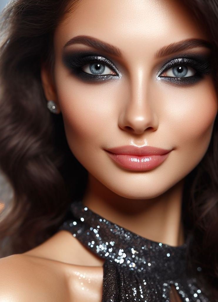 Smoke and mirrors never looked so good! Charcoal grey smokey eyes with silver glitter create a mesmerizing effect, perfect for a night on the town.