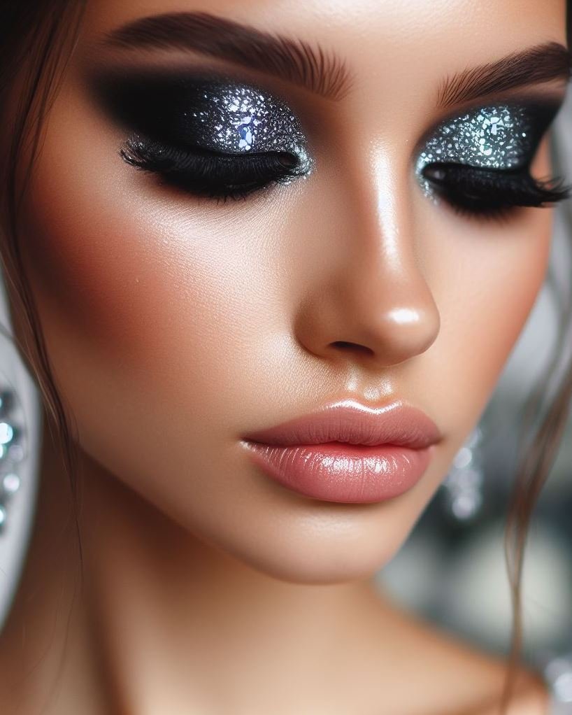Silver linings for your eyes! A charcoal grey smokey eye with a touch of silver glitter adds a touch of light to a dramatic look, creating a captivating contrast.