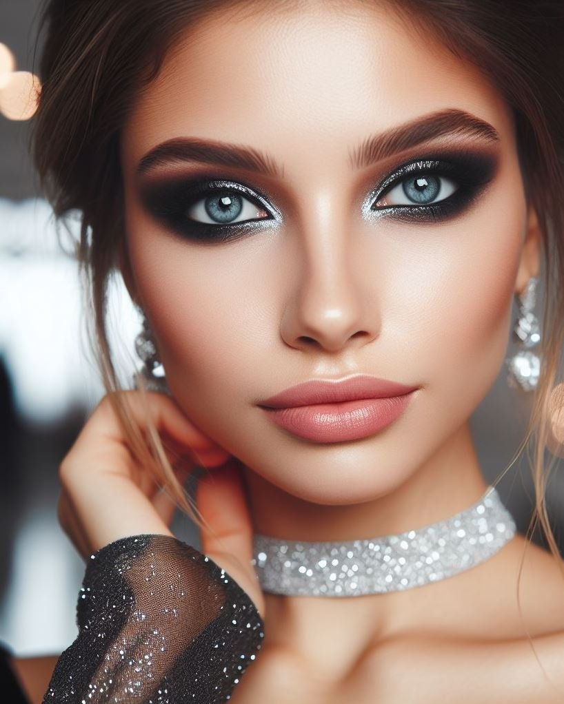 Date night with a bite! Charcoal grey smokey eyes and silver glitter create a sultry and sophisticated look with a hint of edge, perfect for a romantic rendezvous.