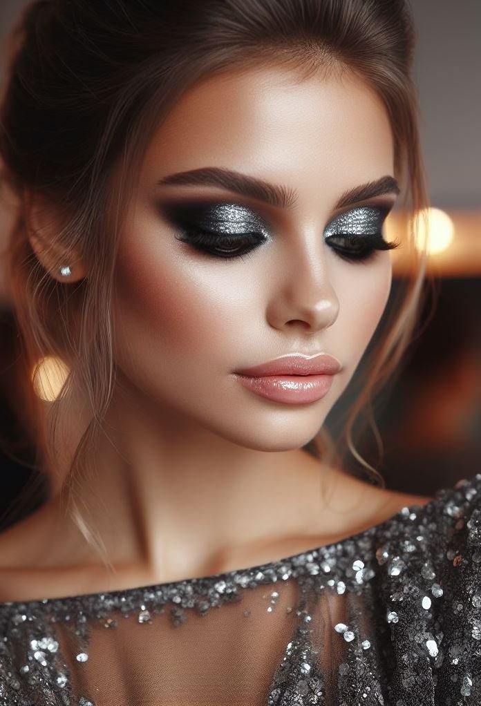 Dress to impress! Elevate your evening look with a charcoal grey smokey eye and silver glitter. This glamorous combination is guaranteed to turn heads.