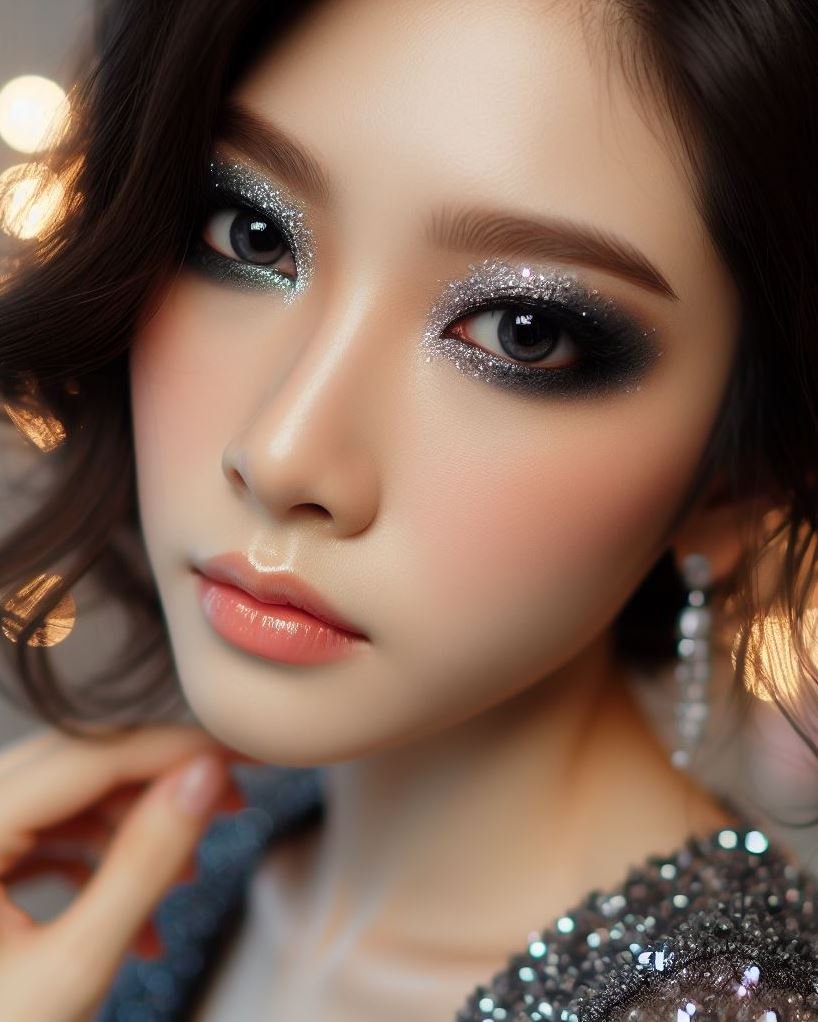 Channel your inner ice queen! Charcoal grey smokey eyes with silver glitter create a cool and captivating look, perfect for those who want to make a statement.