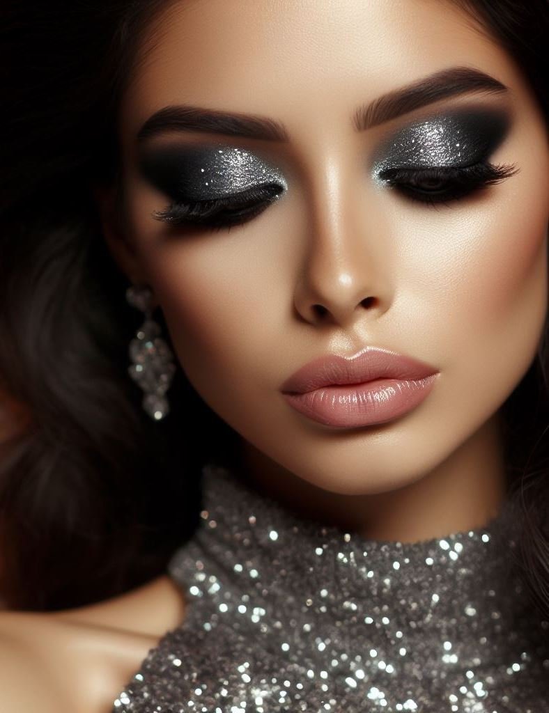 Beyond the basics! A charcoal grey smokey eye with silver glitter takes your makeup skills to the next level. This dramatic and eye-catching combination is perfect for a special occasion.