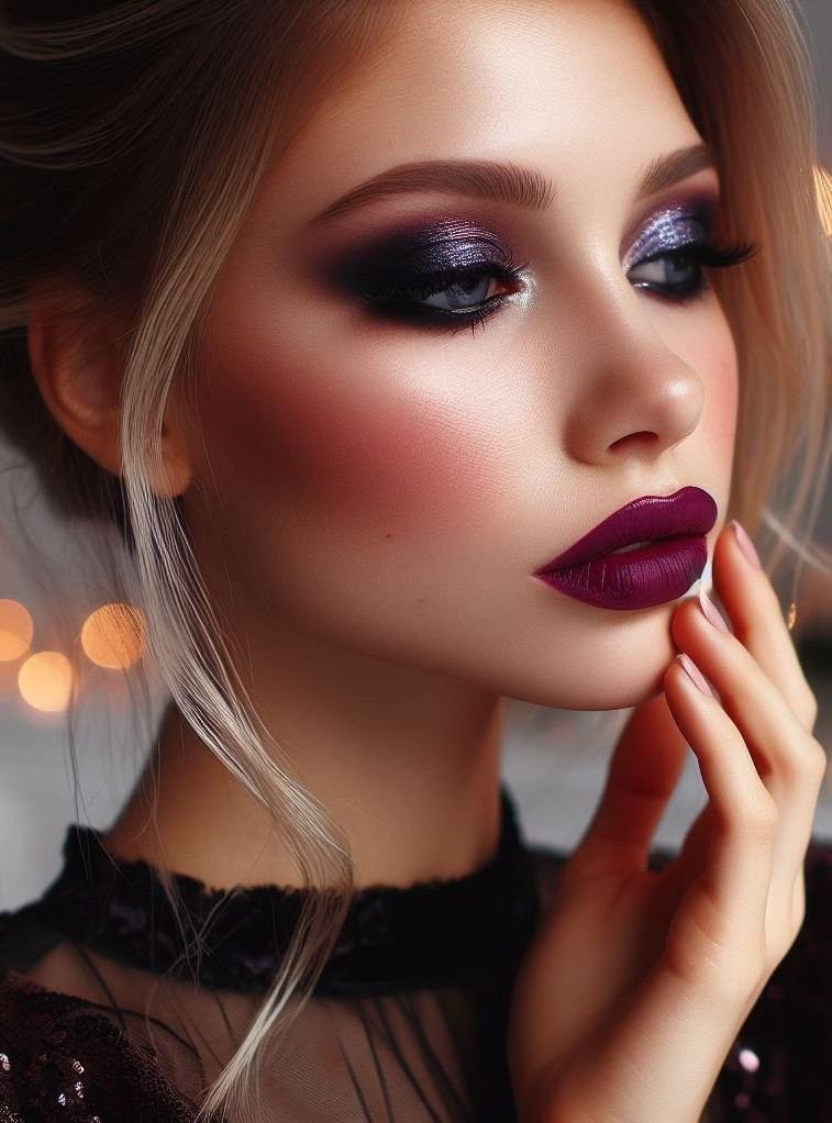 Winter nights, warm vibes! The deep tones of plum smokey eyes and berry lips create a warm and inviting look, perfect for cozy nights in or festive holiday gatherings.