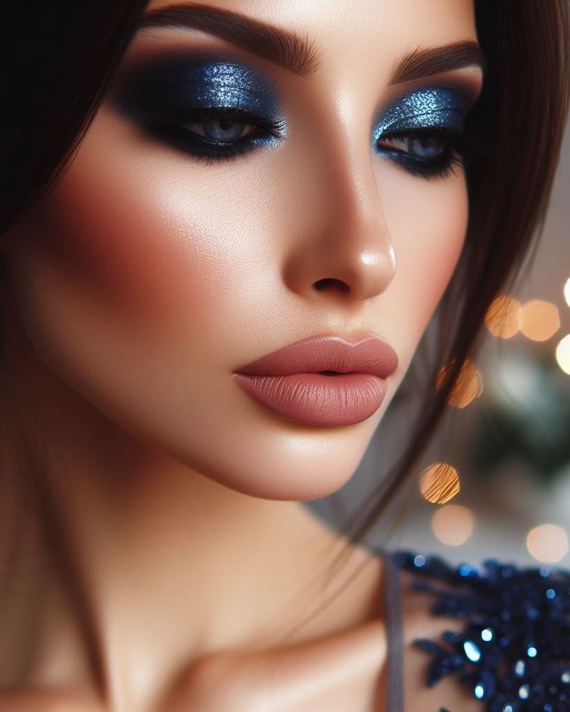 Date night drama (done right)! Navy blue smokey eyes with nude lips create a sultry and sophisticated look with a touch of edge, perfect for a romantic rendezvous.