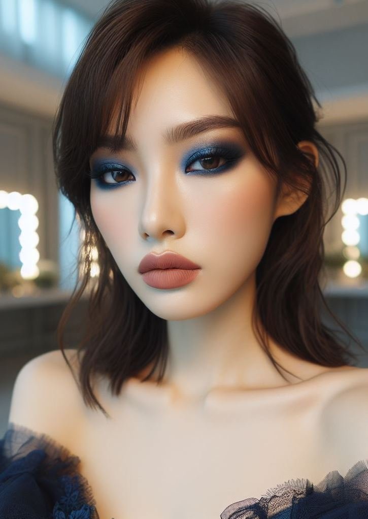 Let your eyes do the talking! Navy blue smokey eyes with nude lips allow your stunning blue peepers to take center stage. This captivating combination is perfect for highlighting your most beautiful feature.