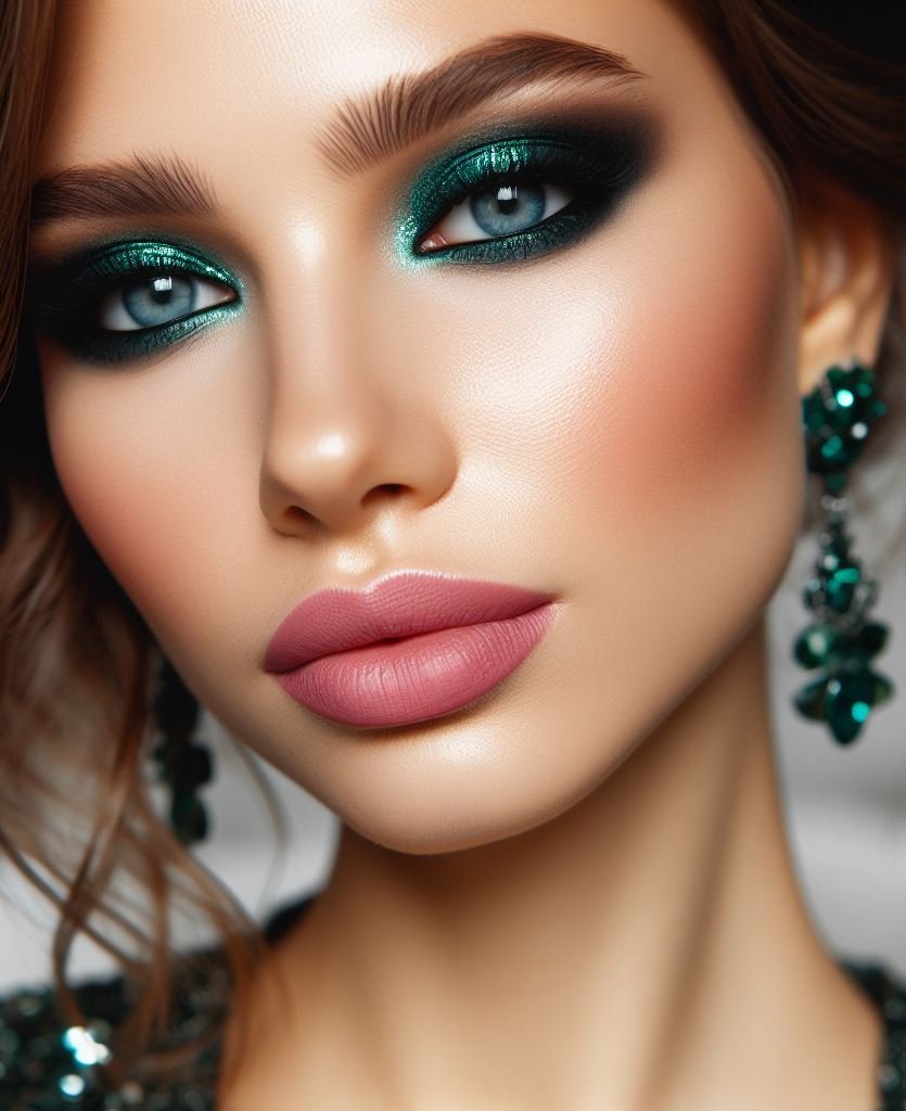 Unleash your inner enchantress! Emerald green smokey eyes paired with soft pink lips create a captivating and bold look that's perfect for a night out or a special occasion.