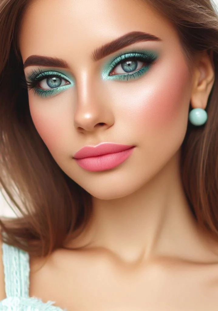 Soft and sweet for summer days! Mint green eyeshadow and rosy pink lips create a delicate yet playful look that's perfect for any occasion.