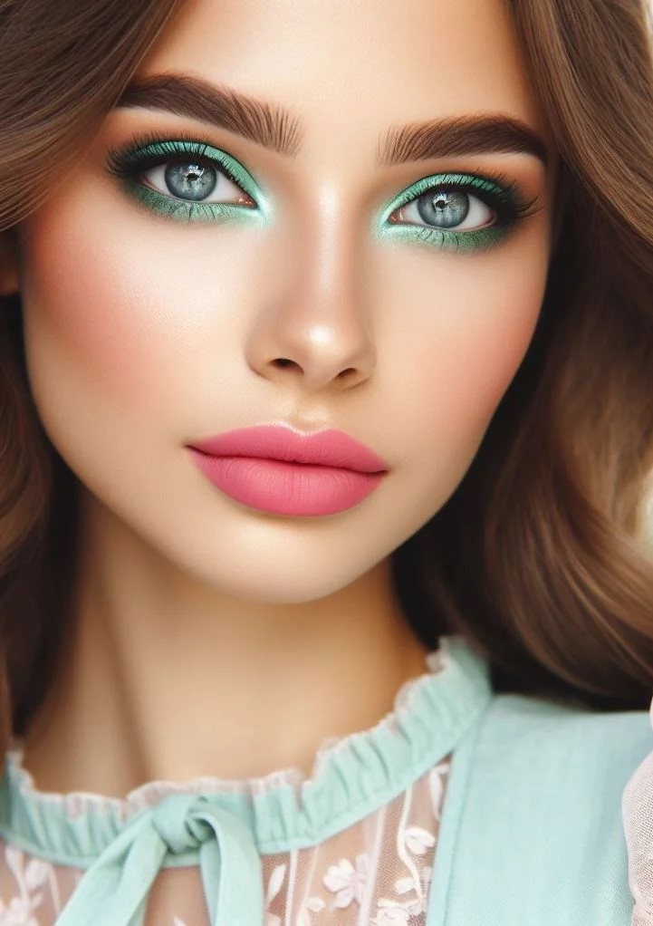 Channel your inner mermaid! This ethereal pairing of mint green eyeshadow and rosy pink lips is a refreshing twist on a classic summer look.