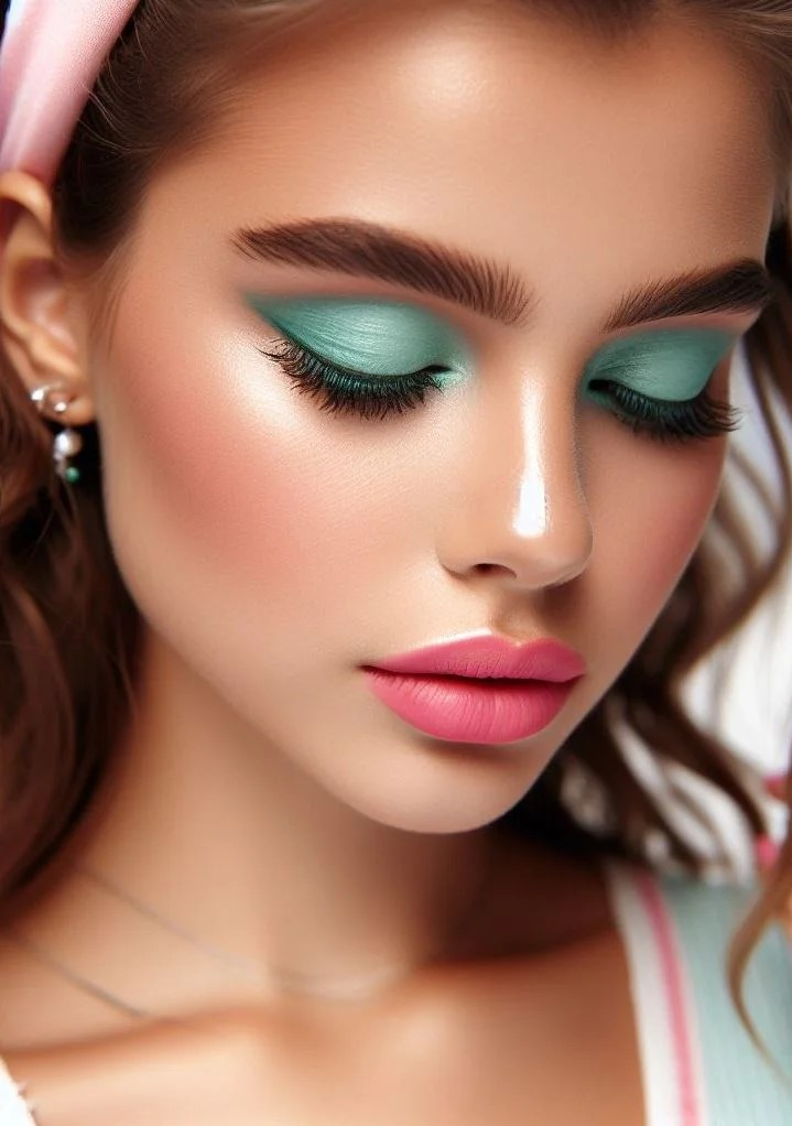 Escape the ordinary! Ditch the expected summer brights and embrace the unexpected elegance of mint green eyeshadow with rosy pink lips.