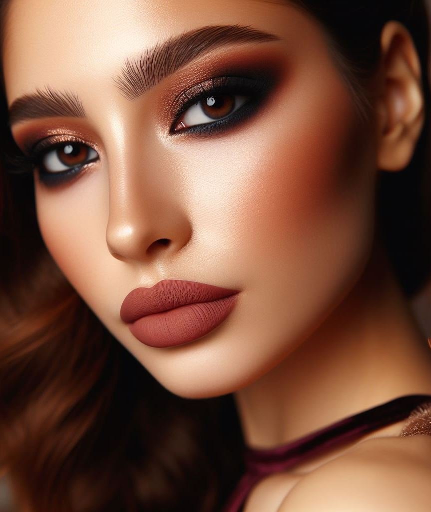 Smolder with warmth! A copper smokey eye paired with matte brown lips creates a sultry and sophisticated look with a touch of fire. Perfect for a night out or a date night in.