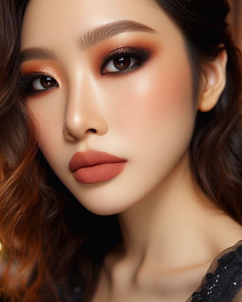Embrace the autumn goddess within! Copper smokey eyes and matte brown lips create a warm and inviting look that complements the rich tones of fall.