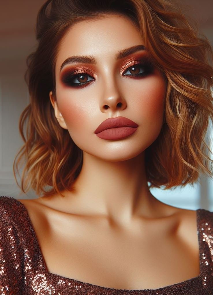 Fall for these hues! Copper smokey eyes and matte brown lips create a warm and inviting look, perfectly complementing the autumn season's rich colors.