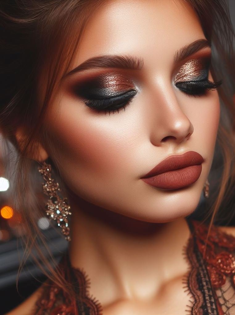 Beyond the basics! Elevate your makeup routine with a sultry copper smokey eye and a touch of matte brown on your lips. This sophisticated combination is perfect for a special occasion.