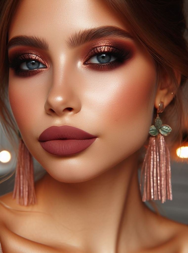 Warm up your smoky eye! Swap out the classic black for a fiery copper shade. Paired with matte brown lips, this look adds warmth and dimension to your eyes.