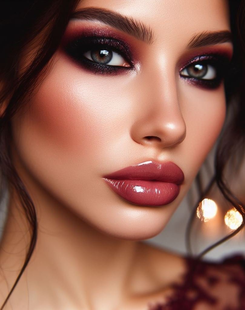 Channel your inner vamp! Deep, burgundy smokey eyes with glossy lips exude confidence and sophistication. This sultry combination is guaranteed to make a lasting impression.