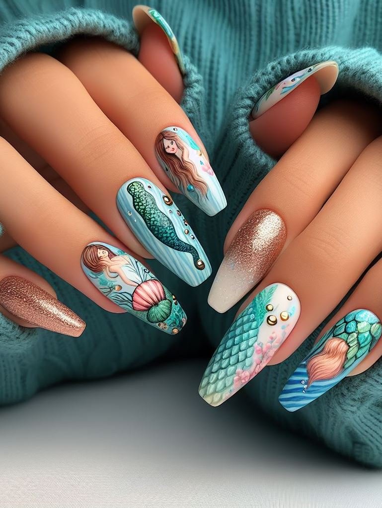 15+ Mesmerizing Mermaid Nail Art Ideas: Dive into Ocean Vibes | Pocoko Dive into the serene beauty of Aqua Marine with these mermaid-inspired nails. Imagine the calm of the ocean waves captured in every swipe of polish!