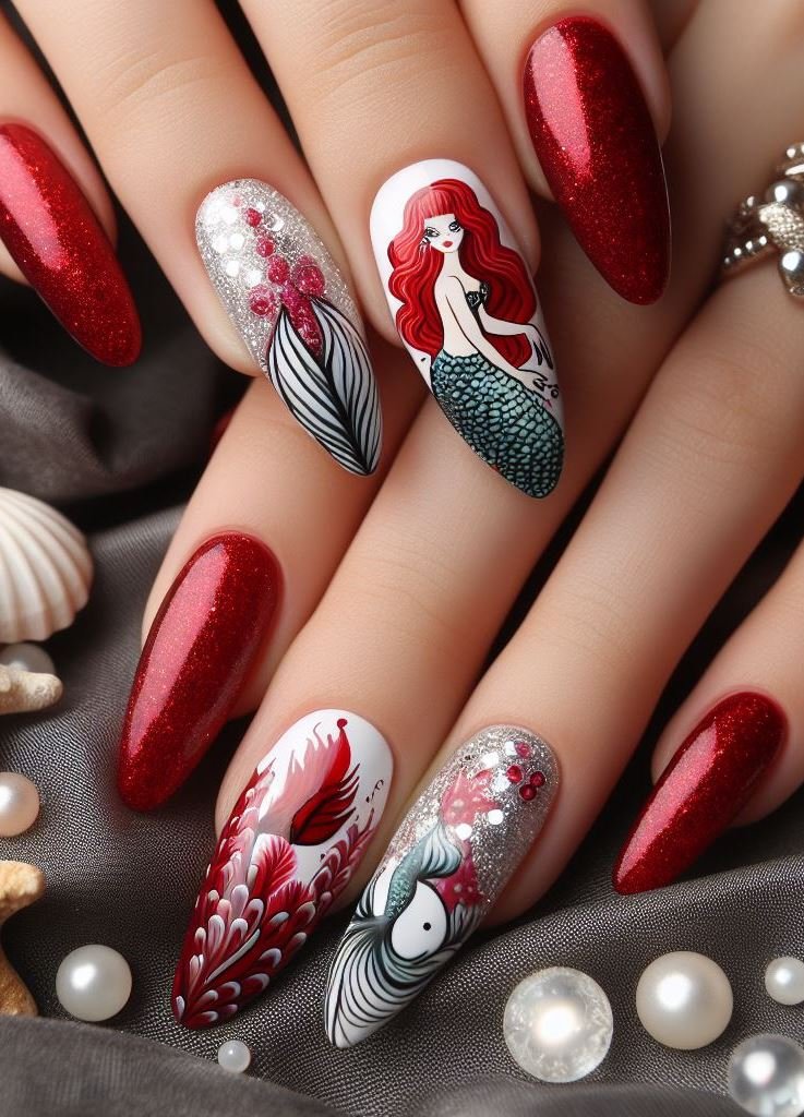 15+ Mesmerizing Mermaid Nail Art Ideas: Dive into Ocean Vibes | Pocoko Channel the fiery allure of Cherry Red with these mermaid-inspired nails. It’s like having a splash of sunset over the ocean on your fingertips!