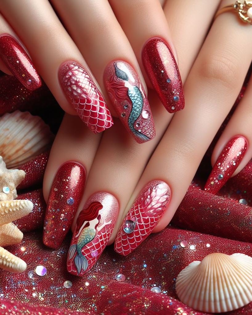 15+ Mesmerizing Mermaid Nail Art Ideas: Dive into Ocean Vibes | Pocoko Get ready to set sail with Cherry Red Mermaid Nail Art. This bold color captures the essence of oceanic adventure with a sizzling twist!
