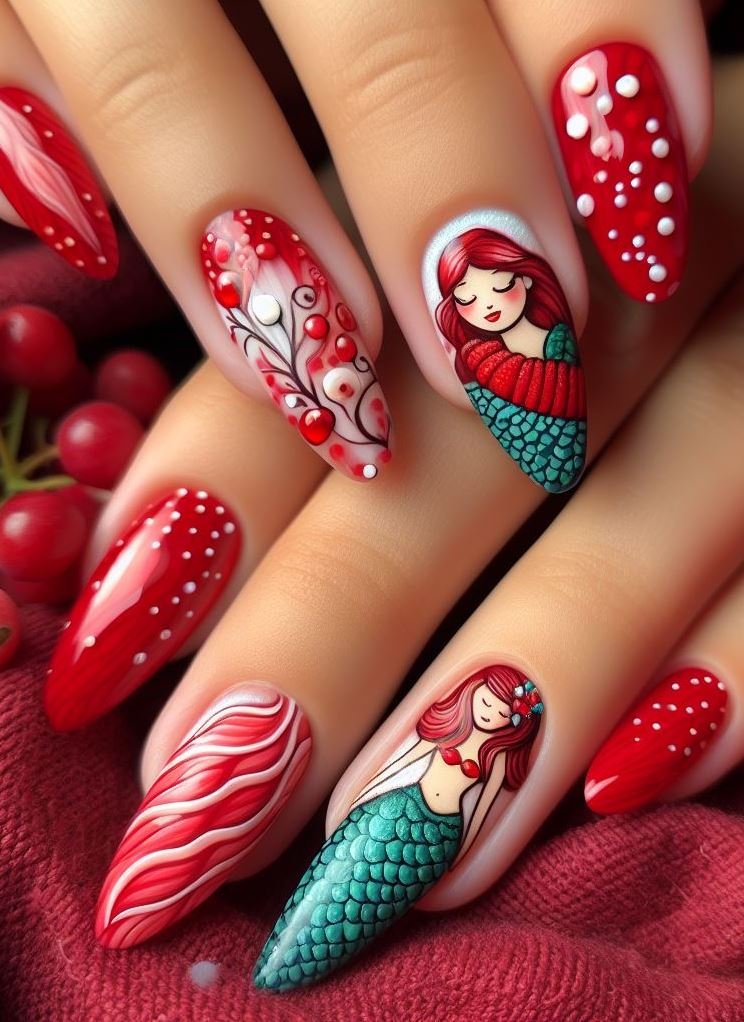 15+ Mesmerizing Mermaid Nail Art Ideas: Dive into Ocean Vibes | Pocoko Add a splash of fiery elegance to your nails with Cherry Red. These mermaid-inspired nails are perfect for those who want to turn heads and make waves!