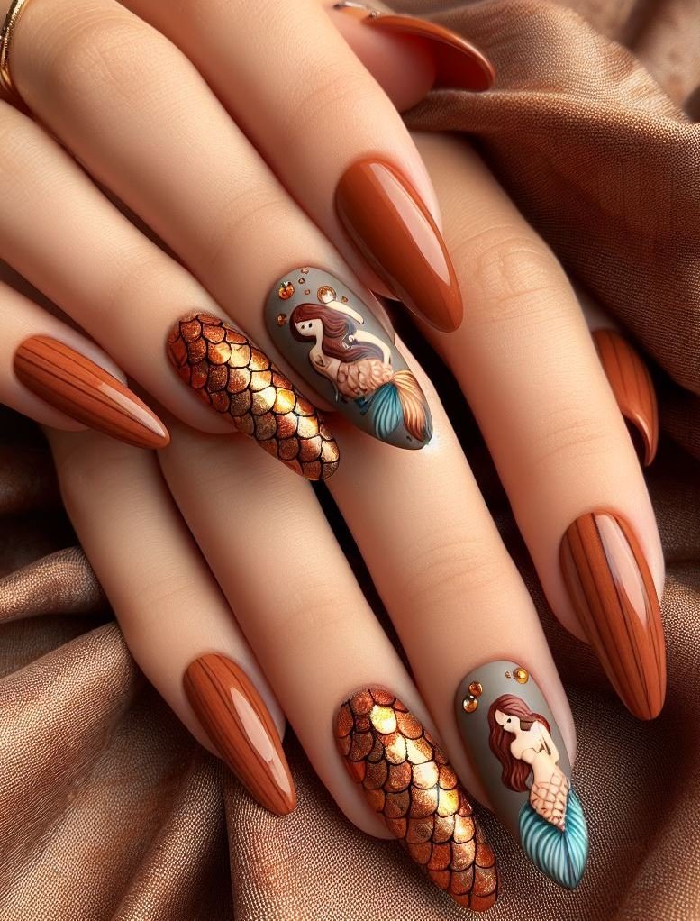 15+ Mesmerizing Mermaid Nail Art Ideas: Dive into Ocean Vibes | Pocoko Dive into the depths of style with copper-colored mermaid nails. These shimmering scales will make your nails look like they’ve been kissed by the sun!