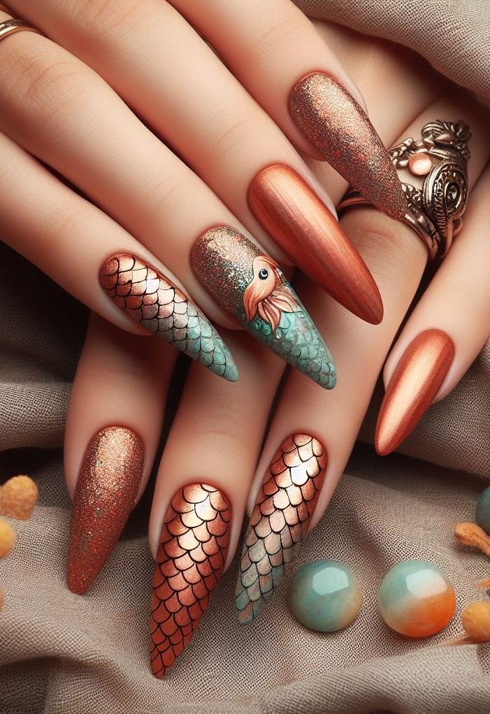 15+ Mesmerizing Mermaid Nail Art Ideas: Dive into Ocean Vibes | Pocoko Transform your nails into a treasure trove with this copper mermaid design. Perfect for those who love a touch of oceanic elegance!
