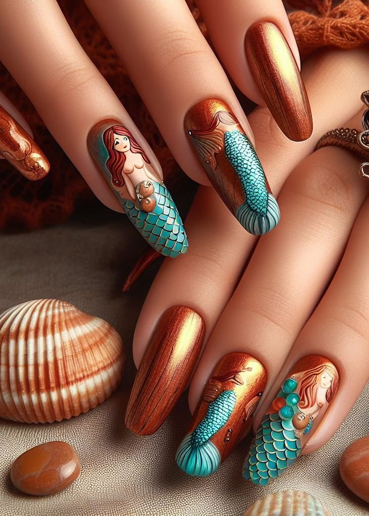 15+ Mesmerizing Mermaid Nail Art Ideas: Dive into Ocean Vibes | Pocoko Make waves with this copper mermaid nail art. It’s like having a piece of the ocean right at your fingertips!