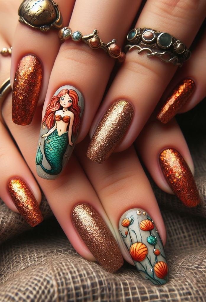 15+ Mesmerizing Mermaid Nail Art Ideas: Dive into Ocean Vibes | Pocoko Turn your nails into a masterpiece with this copper mermaid design. Perfect for adding a splash of luxury to your look!