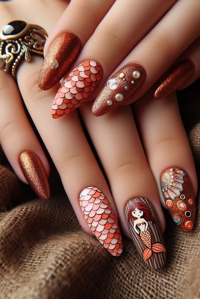 15+ Mesmerizing Mermaid Nail Art Ideas: Dive into Ocean Vibes | Pocoko Get ready to dazzle with copper mermaid nails. These scales are sure to make a splash at any event!