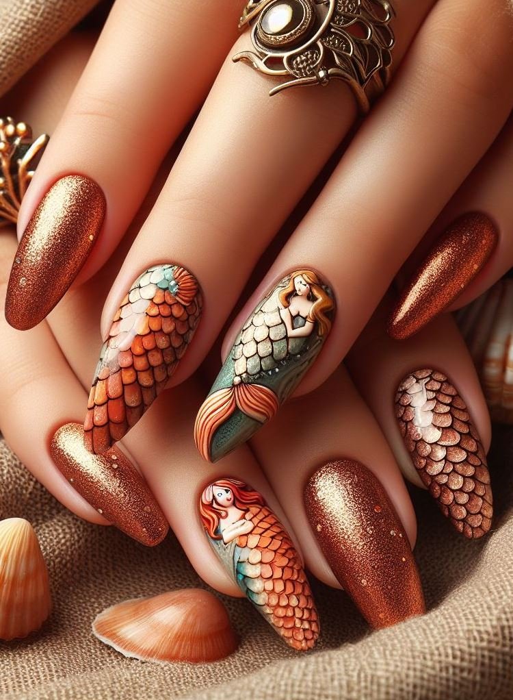 15+ Mesmerizing Mermaid Nail Art Ideas: Dive into Ocean Vibes | Pocoko Dive deep into style with these copper mermaid nails. Perfect for those who love a bit of underwater magic!