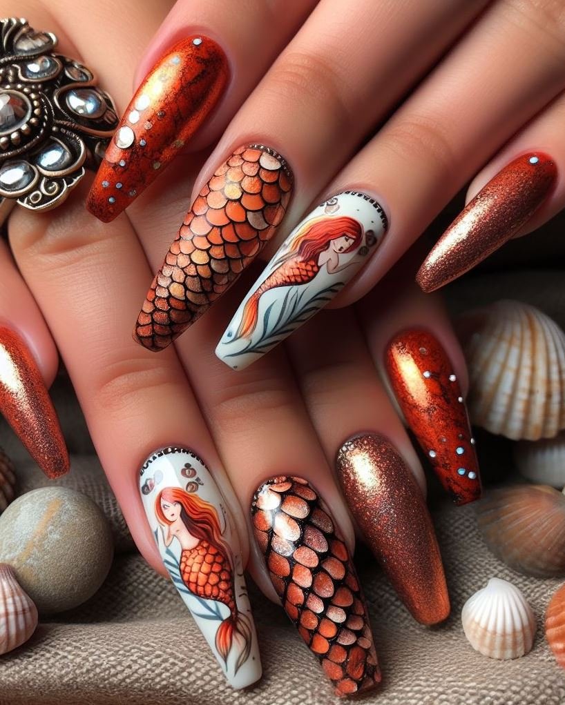 15+ Mesmerizing Mermaid Nail Art Ideas: Dive into Ocean Vibes | Pocoko Transform your nails into a work of art with this copper mermaid design. Because every mermaid deserves a bit of sparkle!