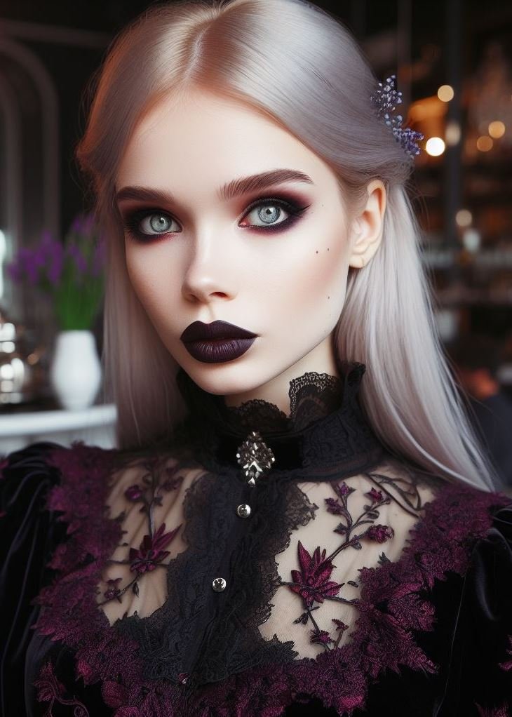 Ethereal Beauty: Gothic Makeup with a Touch of Light: Embrace the ethereal side of gothic with pale foundation, defined brows, and a touch of shimmer on the inner corners of your eyes. This creates a hauntingly beautiful look.