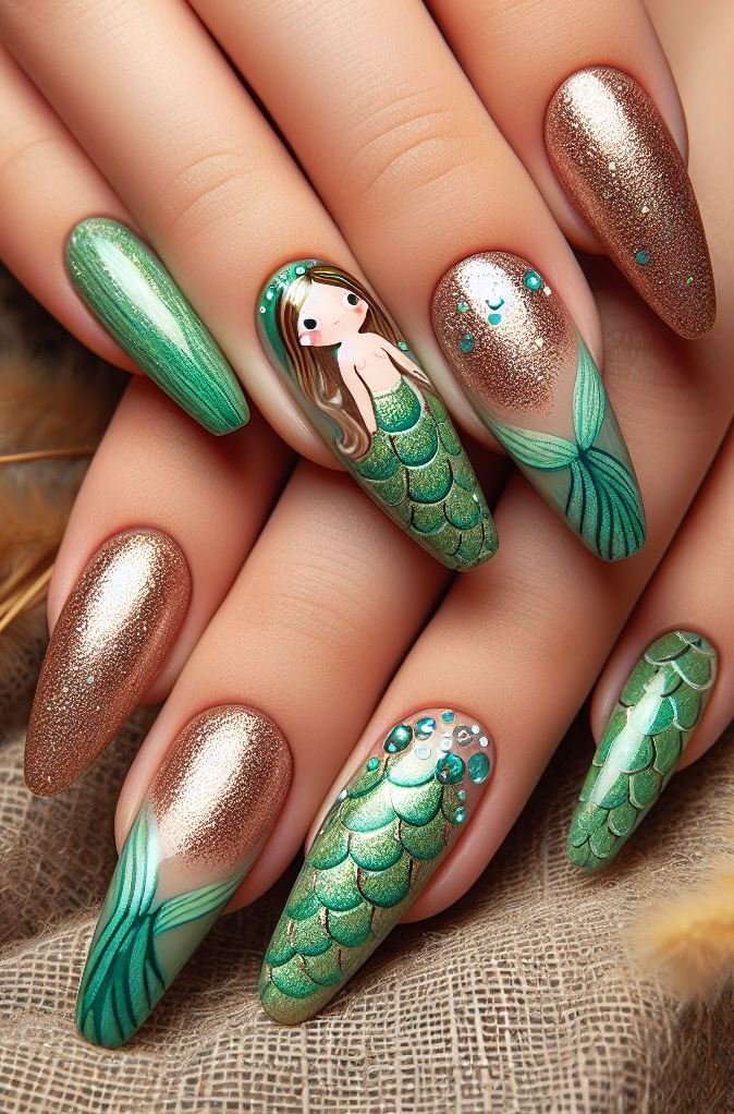 15+ Mesmerizing Mermaid Nail Art Ideas: Dive into Ocean Vibes | Pocoko Dive into elegance with these green and copper mermaid nails. Perfect for those who want to channel their inner sea goddess with a touch of shimmer and sophistication.