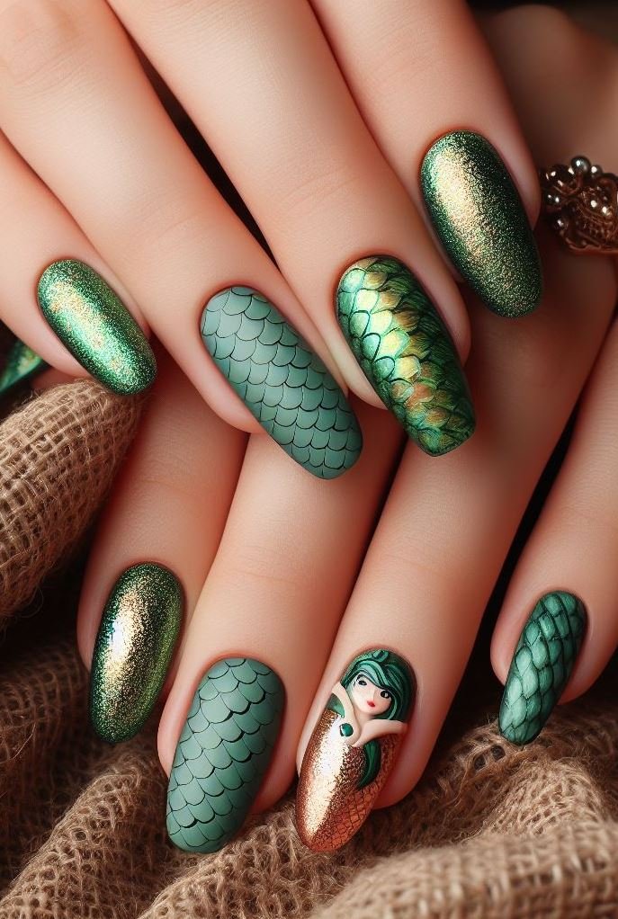 15+ Mesmerizing Mermaid Nail Art Ideas: Dive into Ocean Vibes | Pocoko Add a touch of the ocean to your nails with this stunning green and copper mermaid nail art. Perfect for anyone who loves a bit of shimmer and shine!