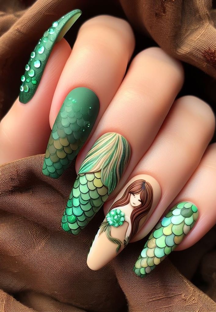 15+ Mesmerizing Mermaid Nail Art Ideas: Dive into Ocean Vibes | Pocoko Make a statement with this stunning green and copper mermaid nail art. It’s the perfect way to add a bit of fantasy to your manicure.